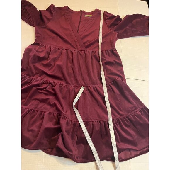 Melonie T Burgundy 14 Merlot 3/4 sleeve corduroy, baby doll, mini tiered dress - Picture 12 of 13